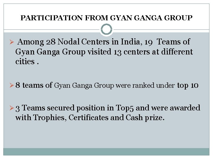 PARTICIPATION FROM GYAN GANGA GROUP Ø Among 28 Nodal Centers in India, 19 Teams