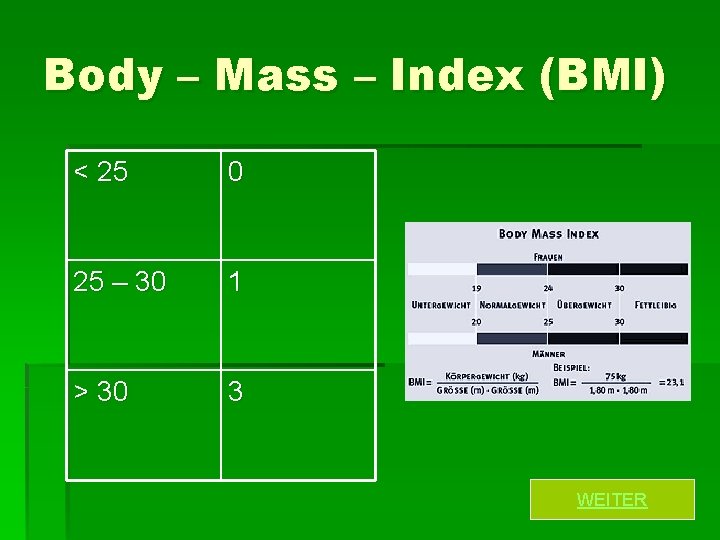 Body – Mass – Index (BMI) < 25 0 25 – 30 1 >
