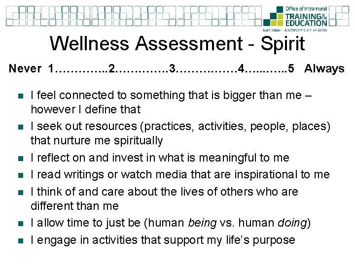 Wellness Assessment - Spirit Never 1…………. . 2……. 3………. …… 4…. . 5 Always Wellness Assessment - Spirit Never 1…………. . 2……. 3………. …… 4…. . 5 Always