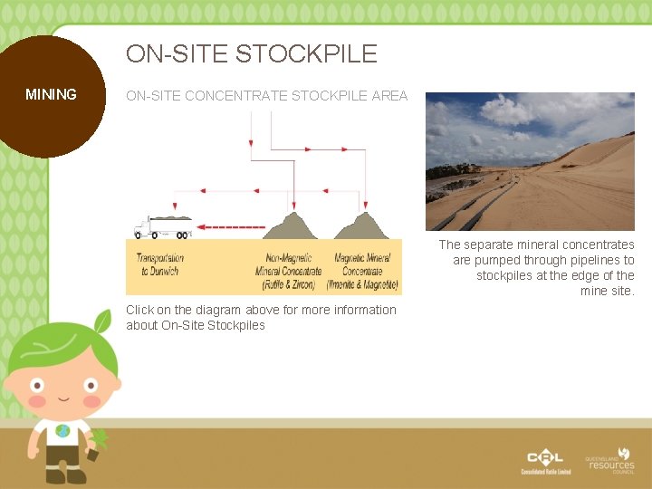 ON-SITE STOCKPILE MINING ON-SITE CONCENTRATE STOCKPILE AREA The separate mineral concentrates are pumped through