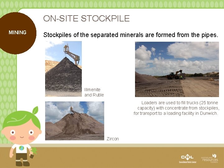 ON-SITE STOCKPILE MINING Stockpiles of the separated minerals are formed from the pipes. Illmenite