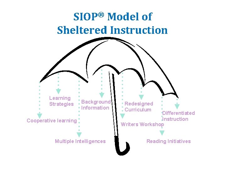 SIOP® Model of Sheltered Instruction Learning Strategies Background Information Cooperative learning Multiple Intelligences Redesigned