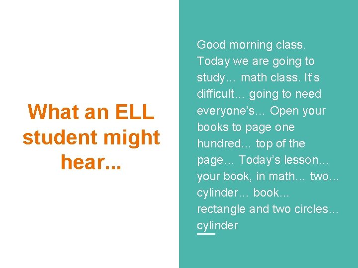 What an ELL student might hear. . . Good morning class. Today we are