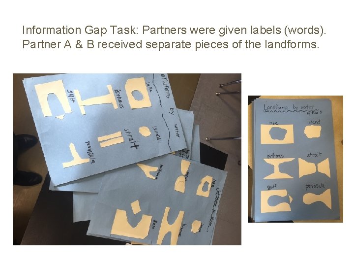 Information Gap Task: Partners were given labels (words). Partner A & B received separate