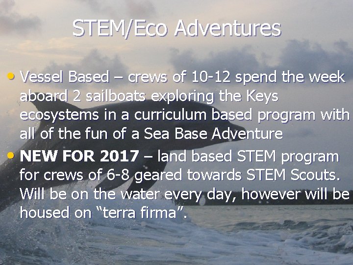 STEM/Eco Adventures • Vessel Based – crews of 10 -12 spend the week aboard