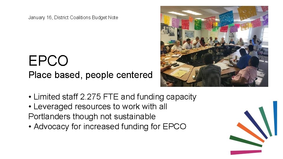 January 16, District Coalitions Budget Note EPCO Place based, people centered • Limited staff