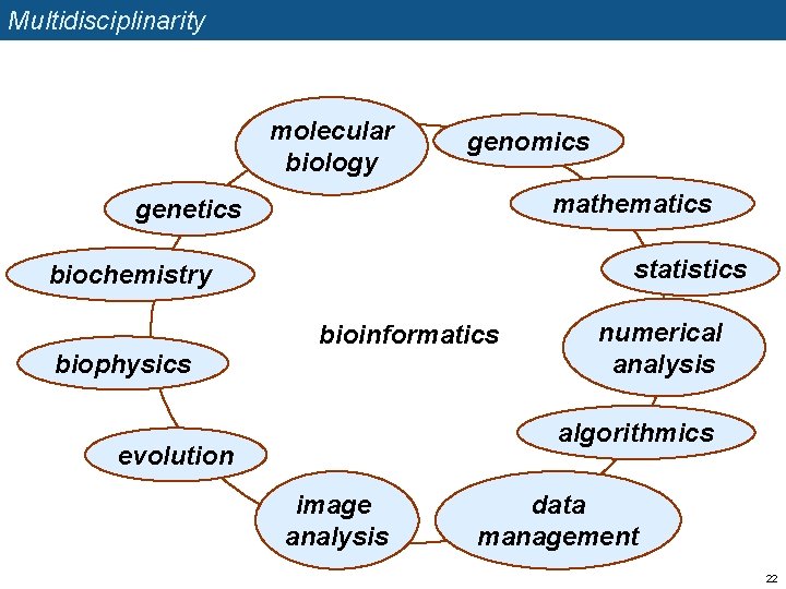 Multidisciplinarity molecular biology genomics mathematics genetics statistics biochemistry bioinformatics biophysics numerical analysis algorithmics evolution