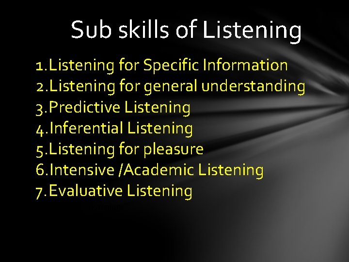 Sub skills of Listening 1. Listening for Specific Information 2. Listening for general understanding