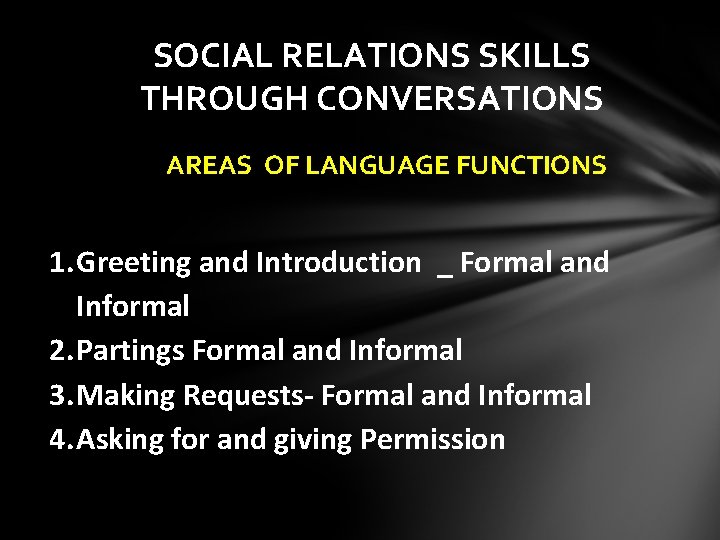SOCIAL RELATIONS SKILLS THROUGH CONVERSATIONS AREAS OF LANGUAGE FUNCTIONS 1. Greeting and Introduction _