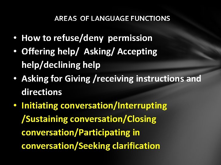 AREAS OF LANGUAGE FUNCTIONS • How to refuse/deny permission • Offering help/ Asking/ Accepting