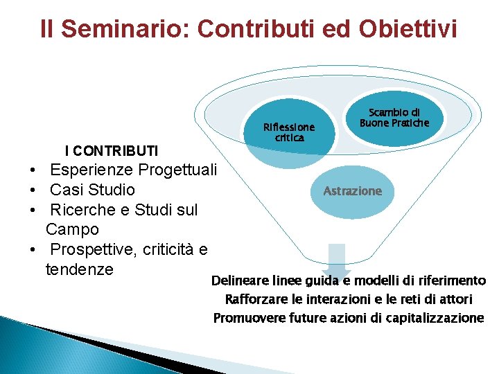 Il Seminario: Contributi ed Obiettivi Riflessione critica I CONTRIBUTI • Esperienze Progettuali • Casi