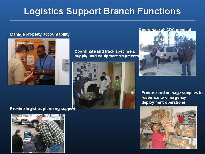 Logistics Support Branch Functions Coordinate all CDC medical evacuation missions and air logistics missions