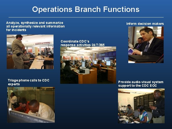 Operations Branch Functions Analyze, synthesize and summarize all operationally relevant information for incidents Inform