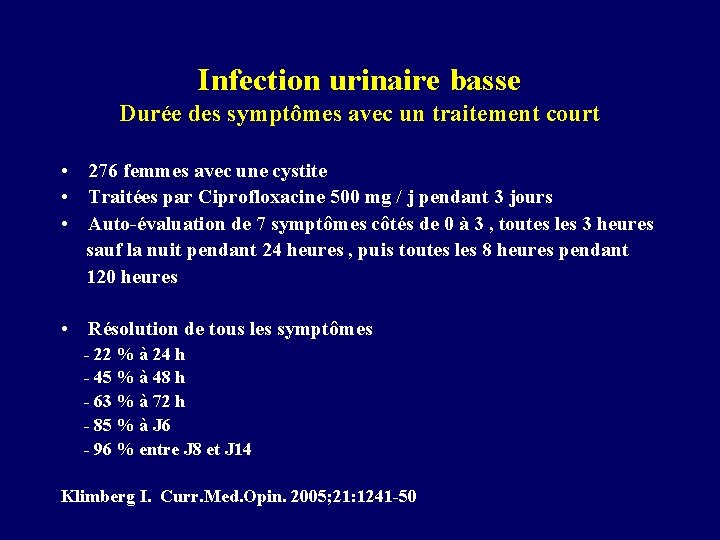 Infection urinaire basse Durée des symptômes avec un traitement court • 276 femmes avec