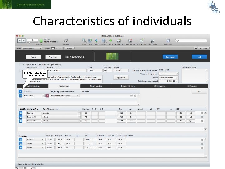 Characteristics of individuals Click this button to add a new study group 