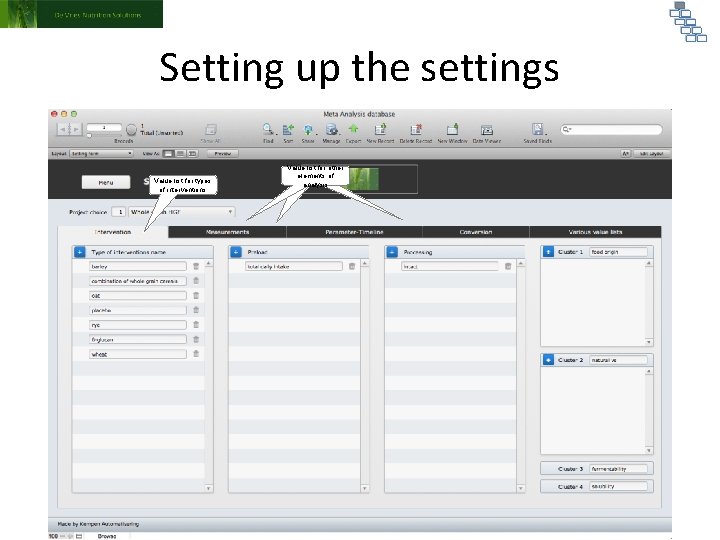 Setting up the settings Value list for types of interventions Value list for other