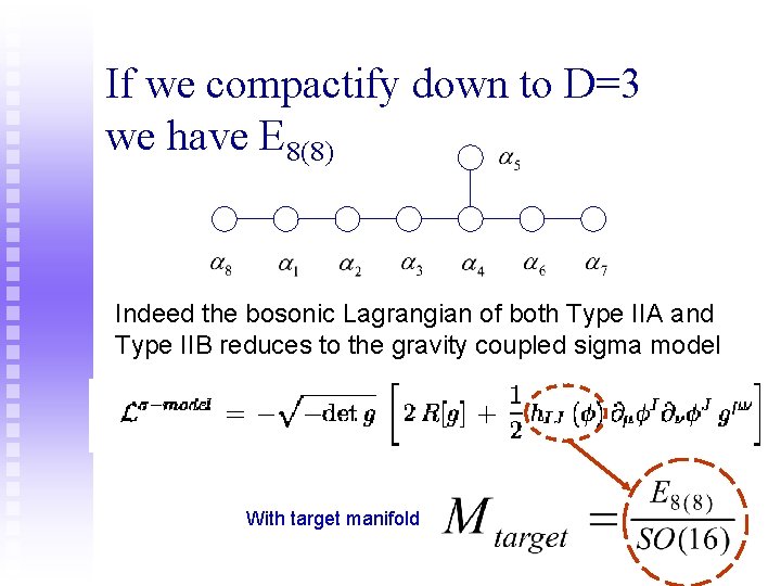 If we compactify down to D=3 we have E 8(8) Indeed the bosonic Lagrangian