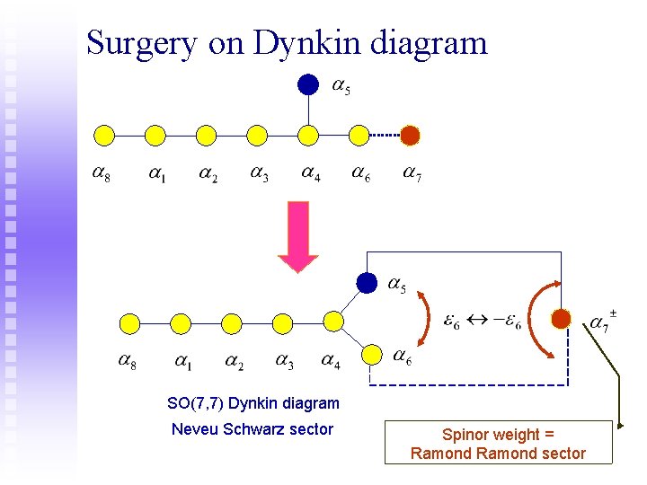 Surgery on Dynkin diagram - SO(7, 7) Dynkin diagram Neveu Schwarz sector Spinor weight