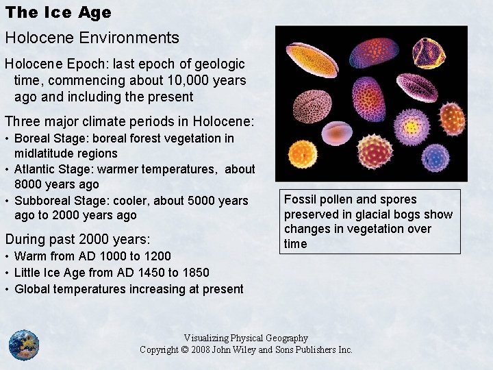The Ice Age Holocene Environments Holocene Epoch: last epoch of geologic time, commencing about