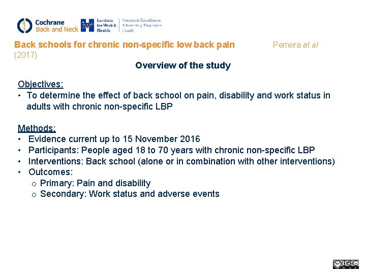 Back schools for chronic non-specific low back pain Perreira et al (2017) Overview of