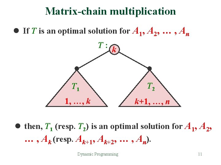 Matrix-chain multiplication l If T is an optimal solution for A 1, A 2,