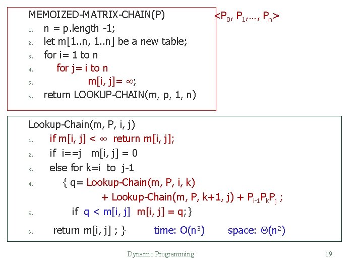 MEMOIZED-MATRIX-CHAIN(P) 1. n = p. length -1; 2. let m[1. . n, 1. .