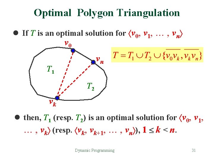 Optimal Polygon Triangulation l If T is an optimal solution for v 0, v