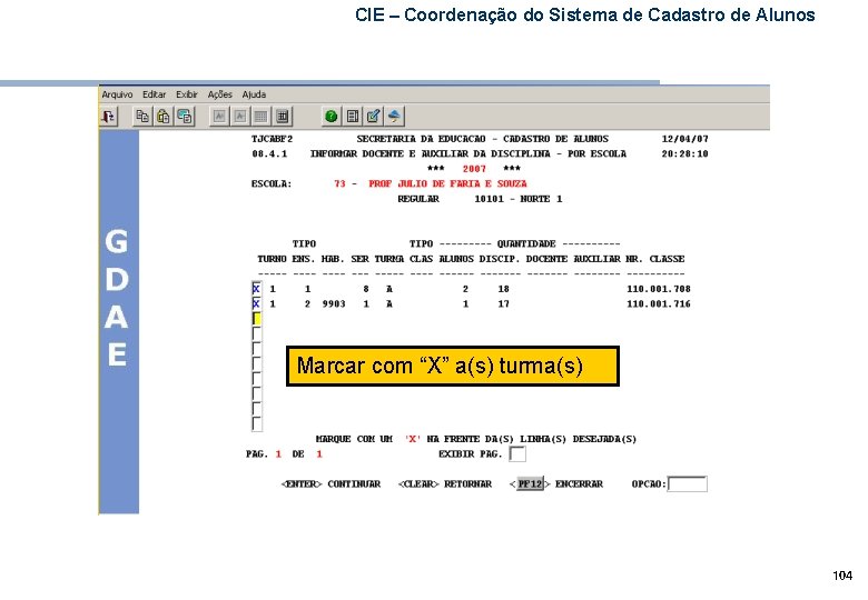 CIE – Coordenação do Sistema de Cadastro de Alunos Marcar com “X” a(s) turma(s)