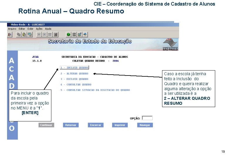 CIE – Coordenação do Sistema de Cadastro de Alunos Rotina Anual – Quadro Resumo