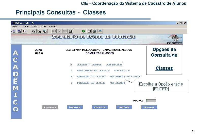 CIE – Coordenação do Sistema de Cadastro de Alunos Principais Consultas - Classes Opções