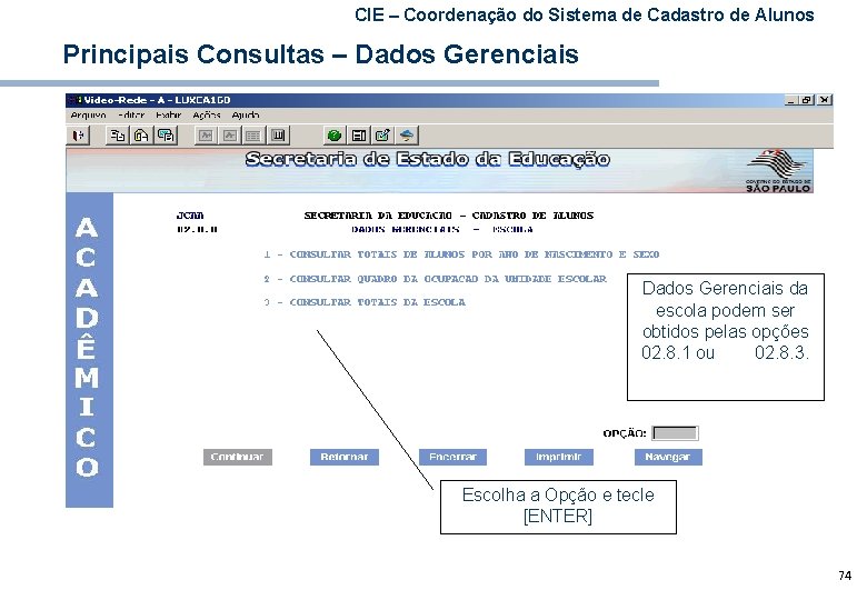 CIE – Coordenação do Sistema de Cadastro de Alunos Principais Consultas – Dados Gerenciais