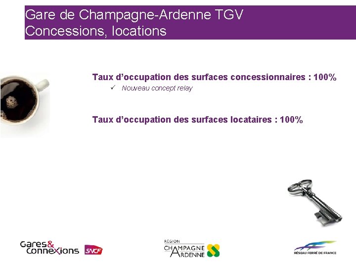 Gare de Champagne-Ardenne TGV Concessions, locations Taux d’occupation des surfaces concessionnaires : 100% ü