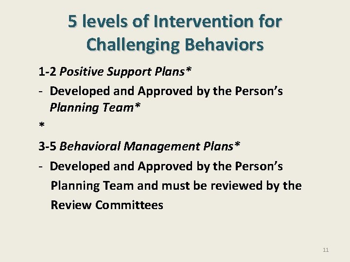 5 levels of Intervention for Challenging Behaviors 1 -2 Positive Support Plans* - Developed
