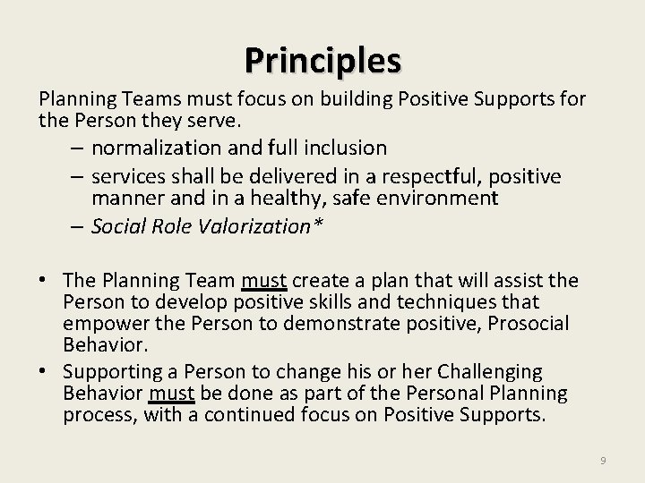 Principles Planning Teams must focus on building Positive Supports for the Person they serve.