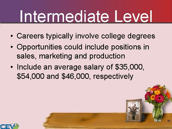Intermediate Level • Careers typically involve college degrees • Opportunities could include positions in Intermediate Level • Careers typically involve college degrees • Opportunities could include positions in