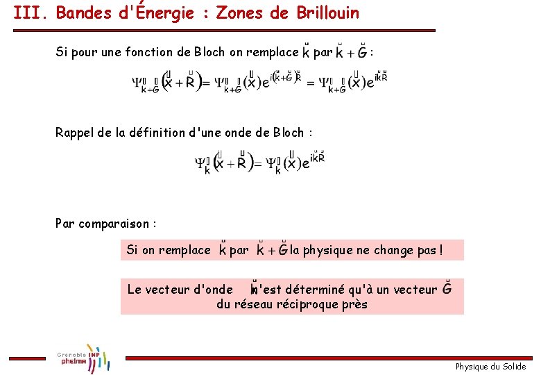 III. Bandes d'Énergie : Zones de Brillouin Si pour une fonction de Bloch on