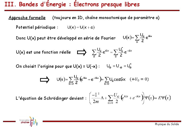III. Bandes d'Énergie : Électrons presque libres Approche formelle (toujours en 1 D, chaîne