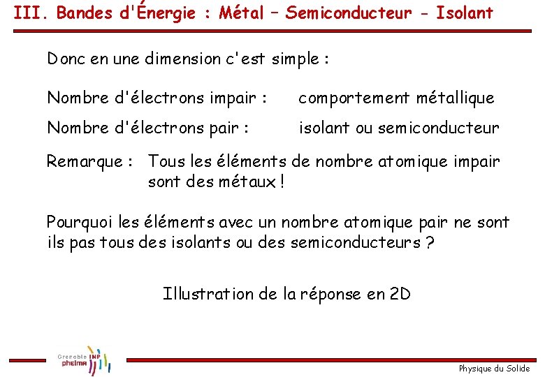 III. Bandes d'Énergie : Métal – Semiconducteur - Isolant Donc en une dimension c'est