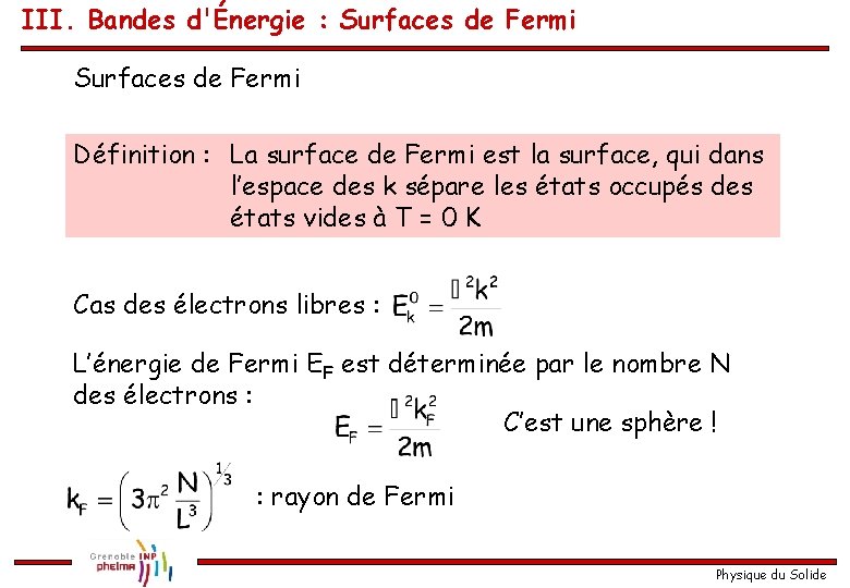 III. Bandes d'Énergie : Surfaces de Fermi Définition : La surface de Fermi est