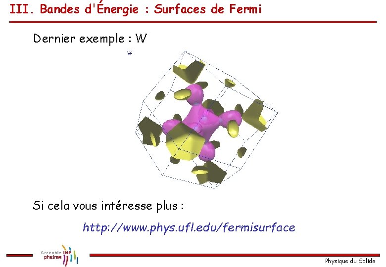 III. Bandes d'Énergie : Surfaces de Fermi Dernier exemple : W Si cela vous