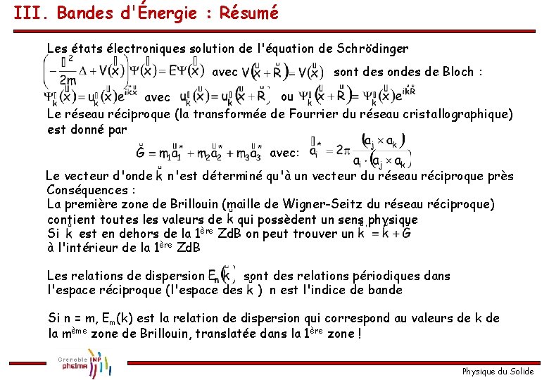 III. Bandes d'Énergie : Résumé Les états électroniques solution de l'équation de Schrödinger avec