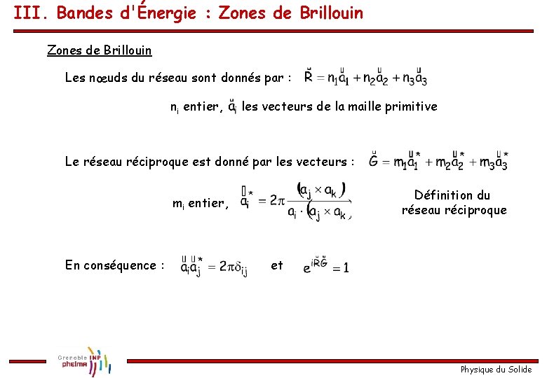 III. Bandes d'Énergie : Zones de Brillouin Les nœuds du réseau sont donnés par