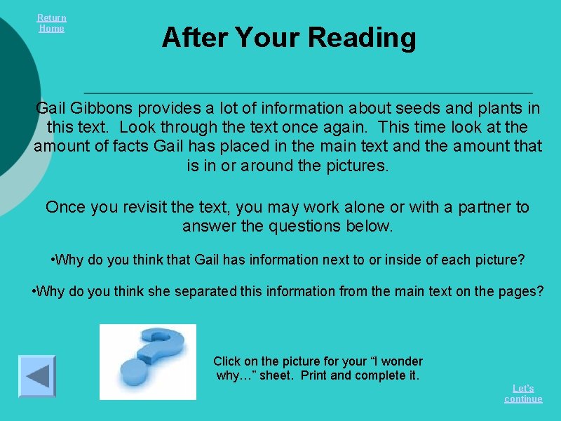 Return Home After Your Reading Gail Gibbons provides a lot of information about seeds