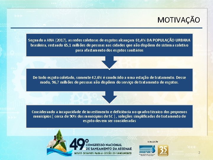 MOTIVAÇÃO Segundo a ANA (2017), as redes coletoras de esgotos alcançam 61, 4% DA