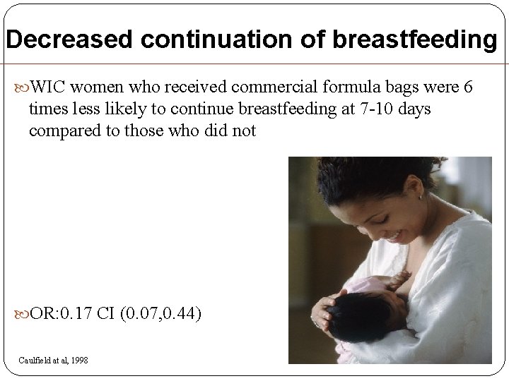 Decreased continuation of breastfeeding WIC women who received commercial formula bags were 6 times Decreased continuation of breastfeeding WIC women who received commercial formula bags were 6 times