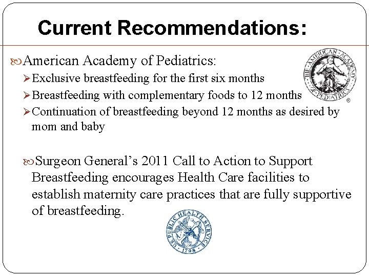 Current Recommendations: American Academy of Pediatrics: Ø Exclusive breastfeeding for the first six months Current Recommendations: American Academy of Pediatrics: Ø Exclusive breastfeeding for the first six months