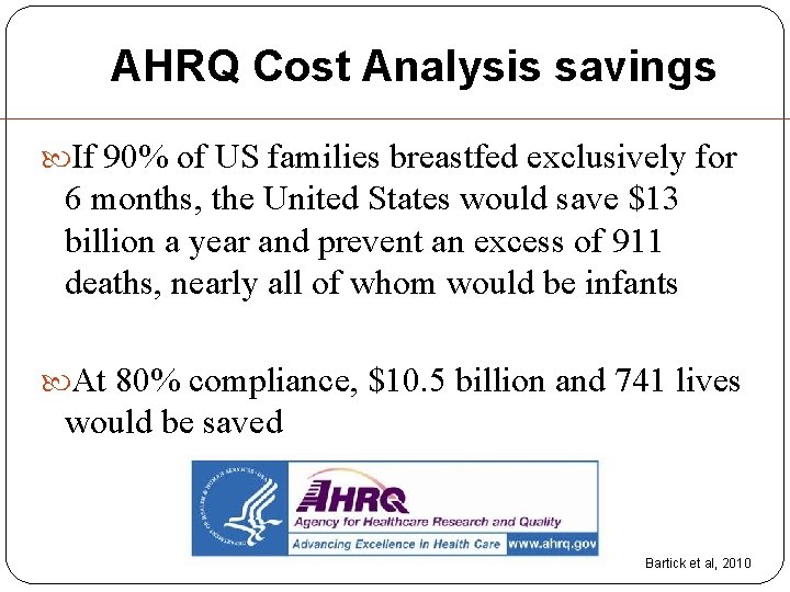 AHRQ Cost Analysis savings If 90% of US families breastfed exclusively for 6 months, AHRQ Cost Analysis savings If 90% of US families breastfed exclusively for 6 months,