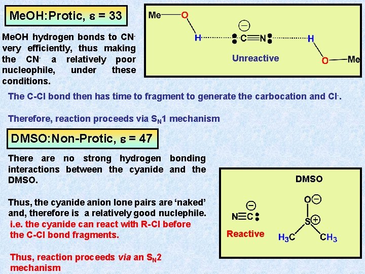 Me. OH: Protic, e = 33 Me. OH hydrogen bonds to CNvery efficiently, thus
