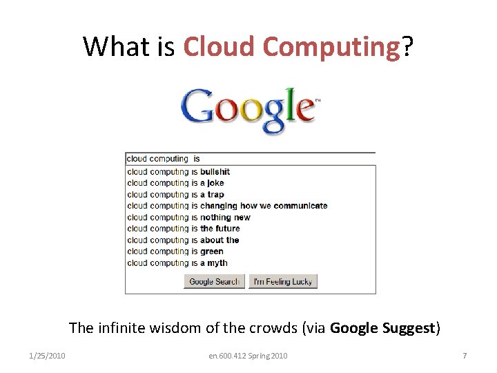 What is Cloud Computing? The infinite wisdom of the crowds (via Google Suggest) 1/25/2010
