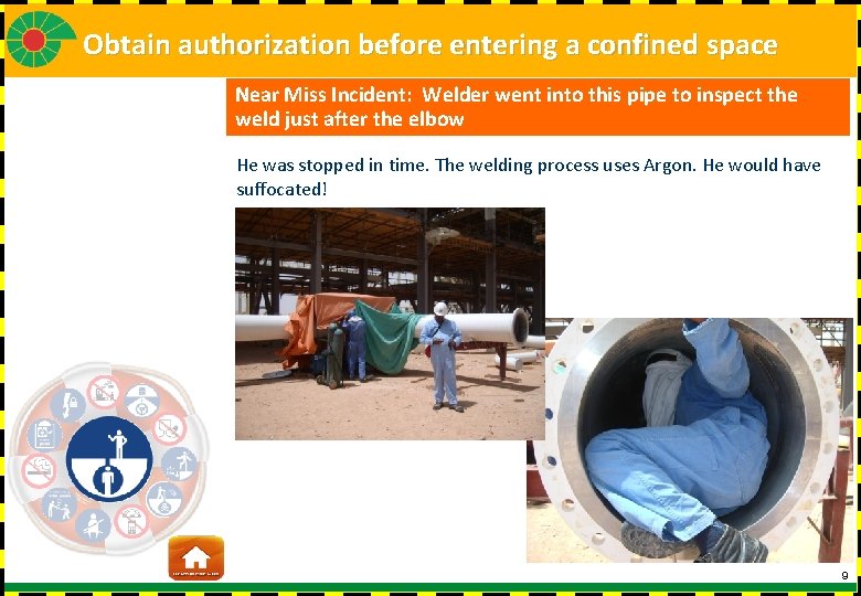 Obtain authorization before entering a confined space Near Miss Incident: Welder went into this
